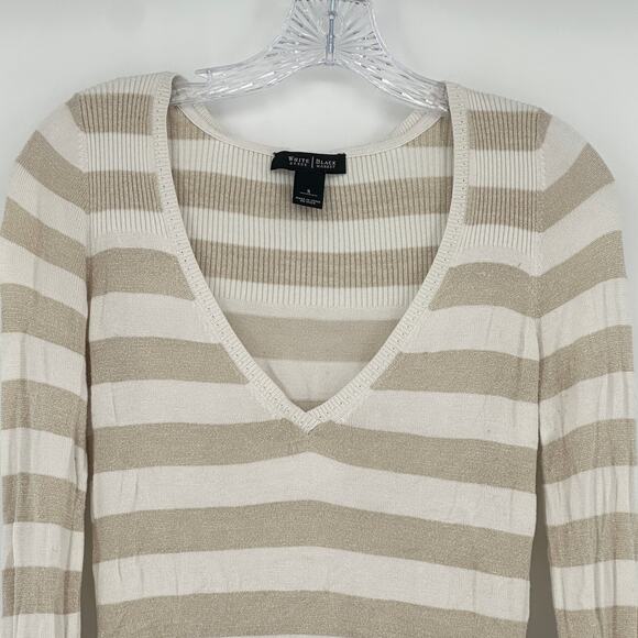 WHBM Women's Striped Shimmer V-Neck Sweaters Size Small Beige and White Pullover - Picture 2 of 9